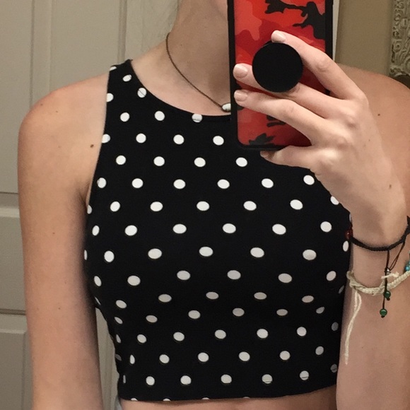 FOREVER 21 BLACK AND WHITE POLKA DOT CROP TOP - Picture 2 of 2